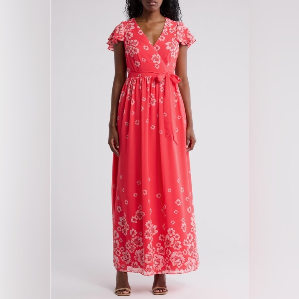 Eliza J Floral Flutter Sleeve Faux Wrap Maxi Dress